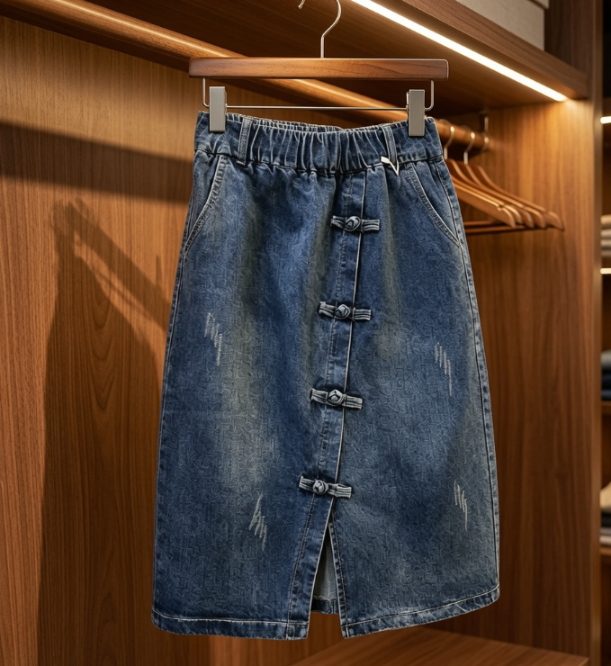 Jupe midi trapèze amincissante en denim pour femme