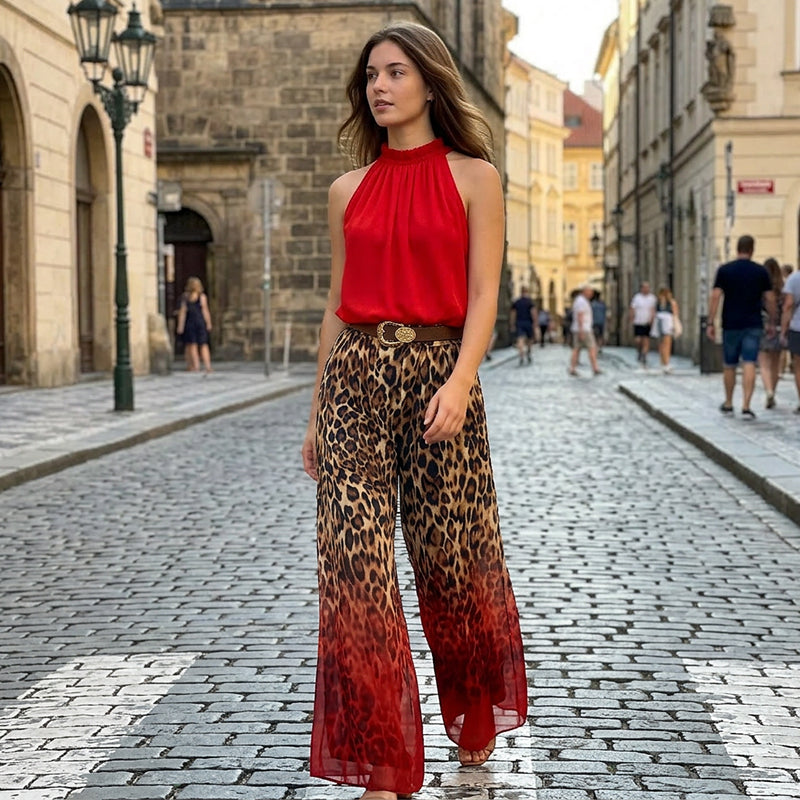 👗Ensemble femme composé d'un haut dos nu sans manches et d'un pantalon léopard – Une tenue d'été audacieuse, chic et décontractée🔥