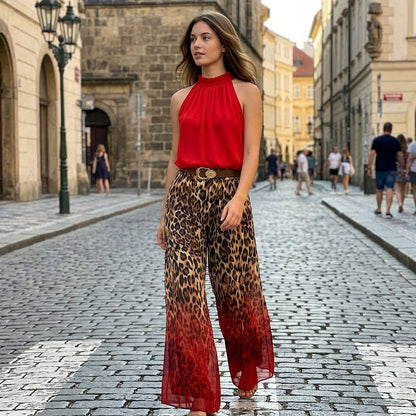 👗Ensemble femme composé d'un haut dos nu sans manches et d'un pantalon léopard – Une tenue d'été audacieuse, chic et décontractée🔥