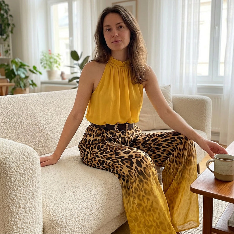 👗Ensemble femme composé d'un haut dos nu sans manches et d'un pantalon léopard – Une tenue d'été audacieuse, chic et décontractée🔥
