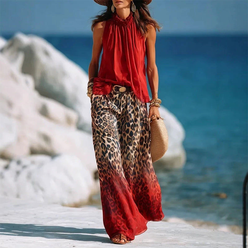 👗Ensemble femme composé d'un haut dos nu sans manches et d'un pantalon léopard – Une tenue d'été audacieuse, chic et décontractée🔥