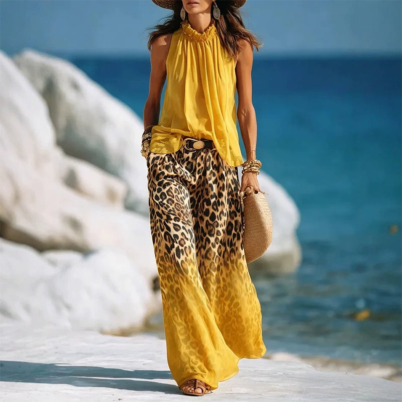 👗Ensemble femme composé d'un haut dos nu sans manches et d'un pantalon léopard – Une tenue d'été audacieuse, chic et décontractée🔥