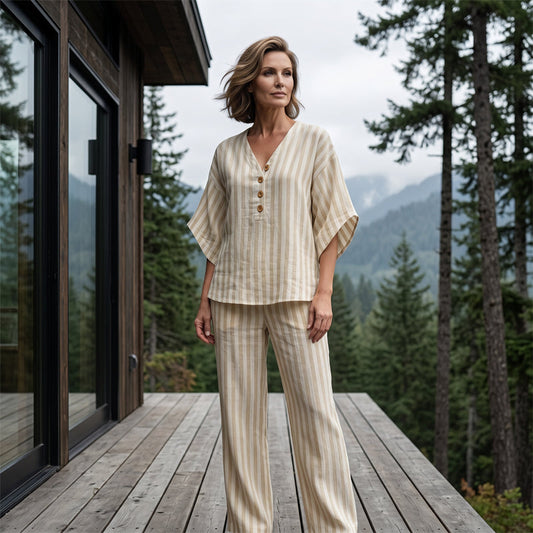 ⌛Offre à durée limitée : ensemble femme composé d'un haut à rayures et col en V et d'un pantalon à jambes larges
