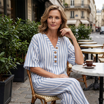⌛Offre à durée limitée : ensemble femme composé d'un haut à rayures et col en V et d'un pantalon à jambes larges