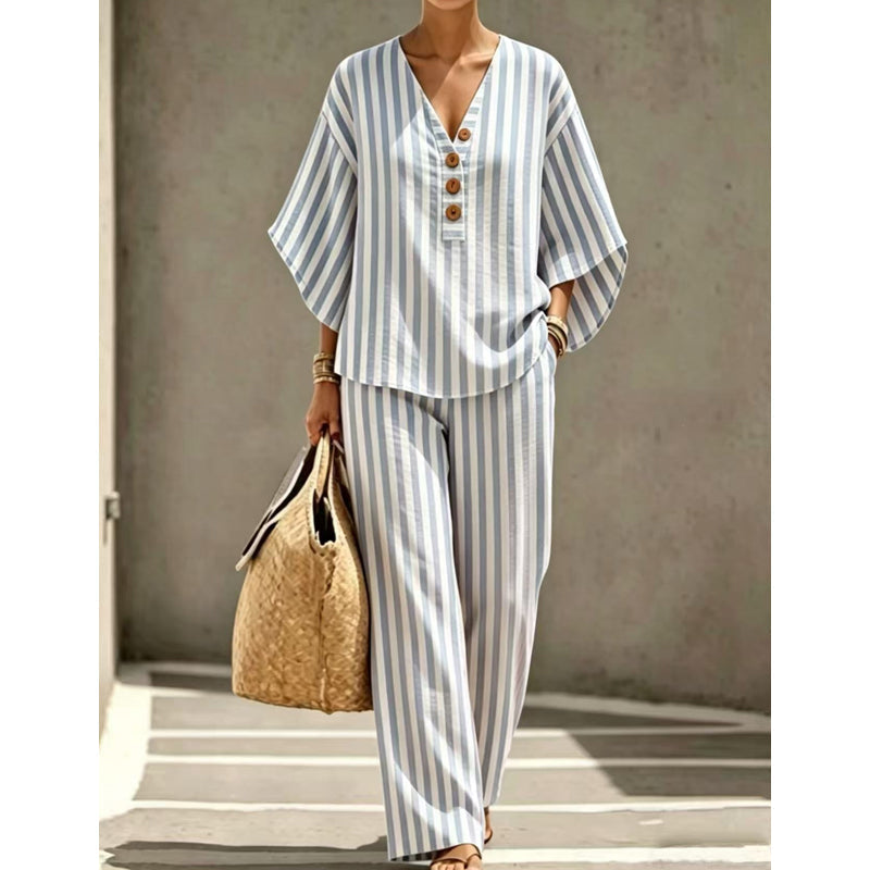 ⌛Offre à durée limitée : ensemble femme composé d'un haut à rayures et col en V et d'un pantalon à jambes larges