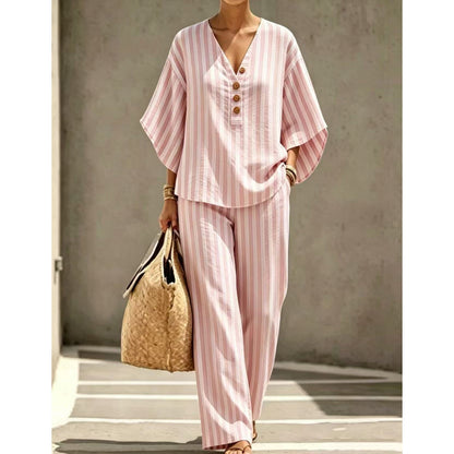 ⌛Offre à durée limitée : ensemble femme composé d'un haut à rayures et col en V et d'un pantalon à jambes larges