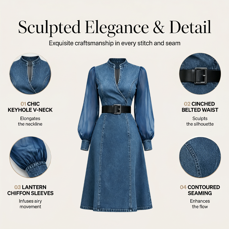 Robe midi en jean à col montant, coupe ajustée