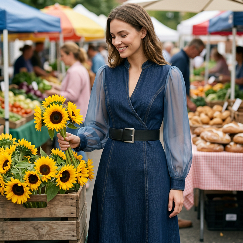 Robe midi en jean à col montant, coupe ajustée