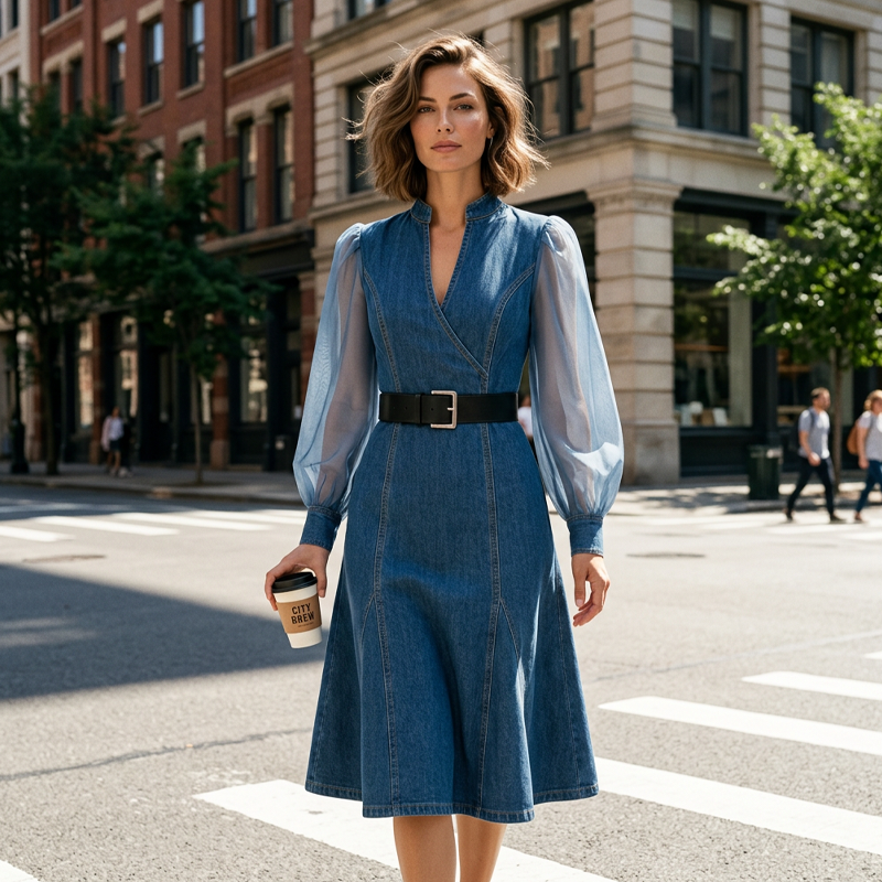 Robe midi en jean à col montant, coupe ajustée