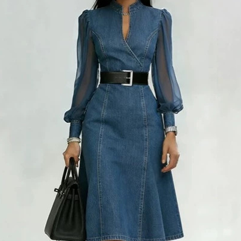 Robe midi en jean à col montant, coupe ajustée