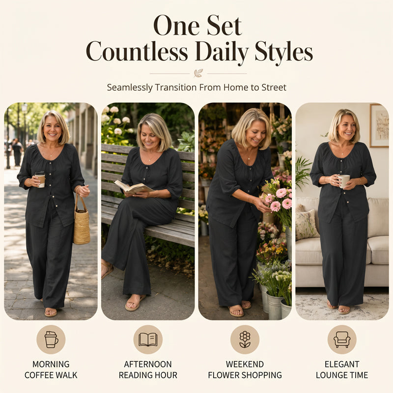 Ensemble femme composé d'un haut boutonné à cordon de serrage et d'un pantalon à jambes larges