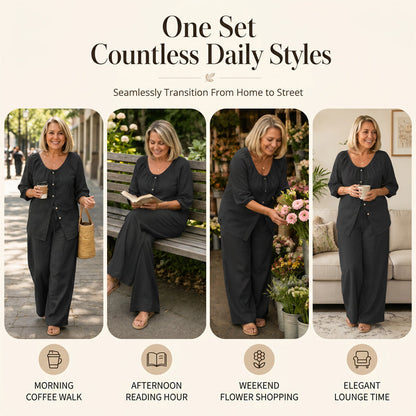 Ensemble femme composé d'un haut boutonné à cordon de serrage et d'un pantalon à jambes larges