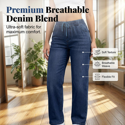 💙✨ Un jean à taille élastiquée et cordon de serrage – qui met la silhouette en valeur, ne se froisse pas et s'associe facilement – avec des t-shirts, des chemisiers et des crop tops