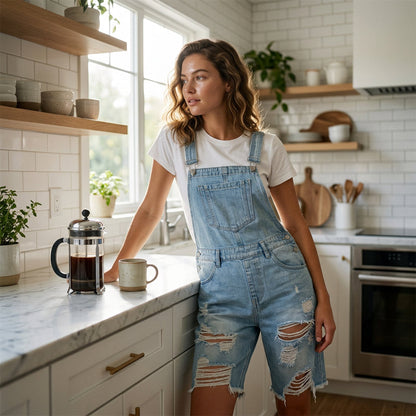👖 60% DE RÉDUCTION 🌊 Salopette short femme en jean – Bleu clair délavé, détails déchirés & bords effilochés – Coupe décontractée, idéale pour le quotidien urbain ou l’été – look tendance et confortable ✨