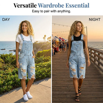 👖 60% DE RÉDUCTION 🌊 Salopette short femme en jean – Bleu clair délavé, détails déchirés & bords effilochés – Coupe décontractée, idéale pour le quotidien urbain ou l’été – look tendance et confortable ✨