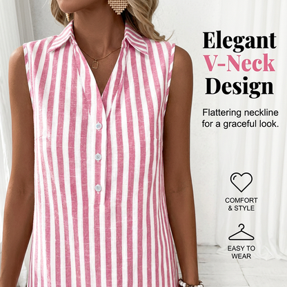 Robe chemise rayée sans manches pour femmes col en V