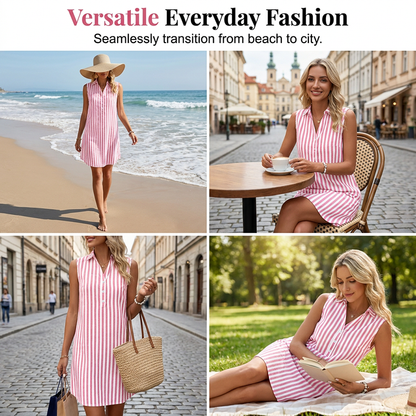 Robe chemise rayée sans manches pour femmes col en V