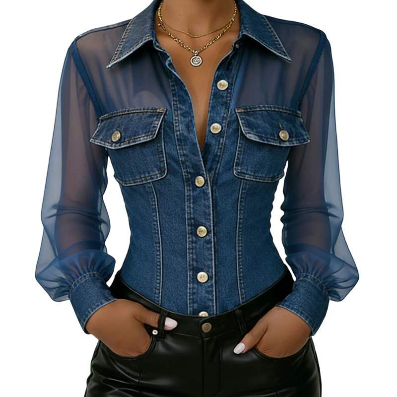 Haut en denim patchwork à mailles pour femme