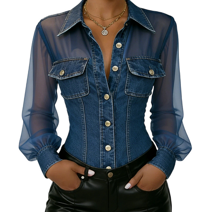 Haut en denim patchwork à mailles pour femme
