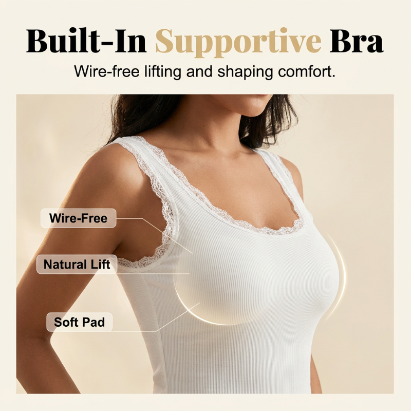 🔥✨ 1 ACHETÉ 1 OFFERT ! Débardeur Femme Slim Fit Côtelé – Bonnets Intégrés Sans Armatures, Bordure Dentelle V, Tissu Coton Extensible Respirant, Dos Lisse · Noir Blanc Gris · S à XL ⏰