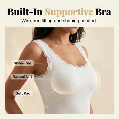 🔥✨ 1 ACHETÉ 1 OFFERT ! Débardeur Femme Slim Fit Côtelé – Bonnets Intégrés Sans Armatures, Bordure Dentelle V, Tissu Coton Extensible Respirant, Dos Lisse · Noir Blanc Gris · S à XL ⏰