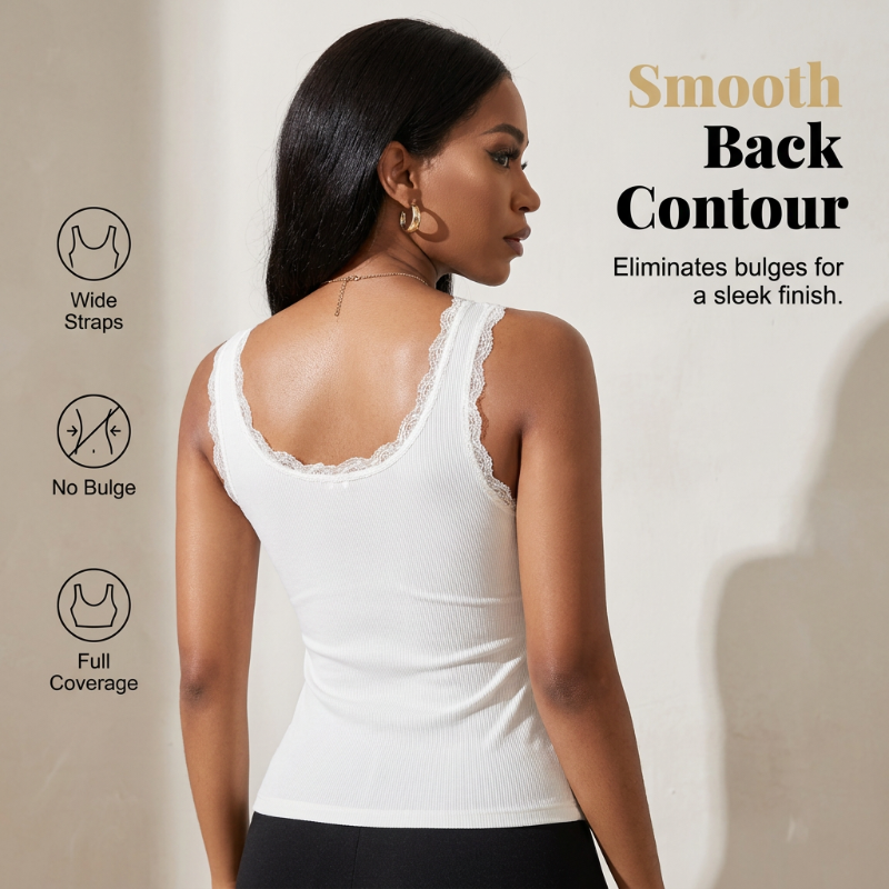 🔥✨ 1 ACHETÉ 1 OFFERT ! Débardeur Femme Slim Fit Côtelé – Bonnets Intégrés Sans Armatures, Bordure Dentelle V, Tissu Coton Extensible Respirant, Dos Lisse · Noir Blanc Gris · S à XL ⏰