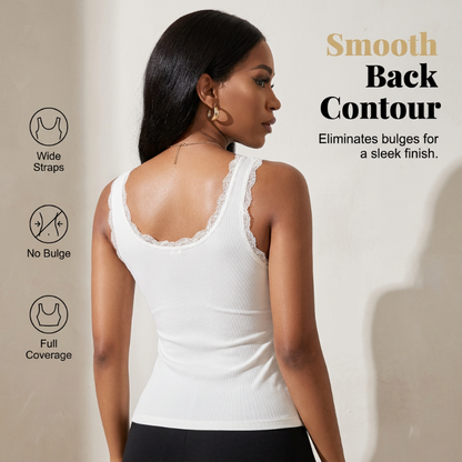 🔥✨ 1 ACHETÉ 1 OFFERT ! Débardeur Femme Slim Fit Côtelé – Bonnets Intégrés Sans Armatures, Bordure Dentelle V, Tissu Coton Extensible Respirant, Dos Lisse · Noir Blanc Gris · S à XL ⏰