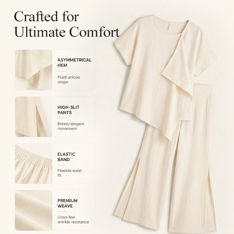 👗Ensemble composé d'un haut asymétrique et d'un pantalon large fendu pour femme – Une tenue coordonnée élégante qui ne passe pas inaperçue ✨
