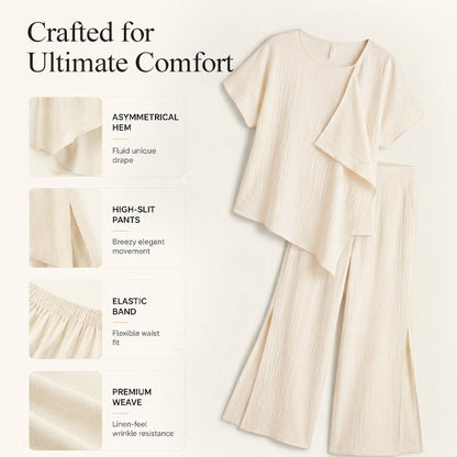 👗Ensemble composé d'un haut asymétrique et d'un pantalon large fendu pour femme – Une tenue coordonnée élégante qui ne passe pas inaperçue ✨