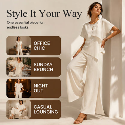 👗Ensemble composé d'un haut asymétrique et d'un pantalon large fendu pour femme – Une tenue coordonnée élégante qui ne passe pas inaperçue ✨