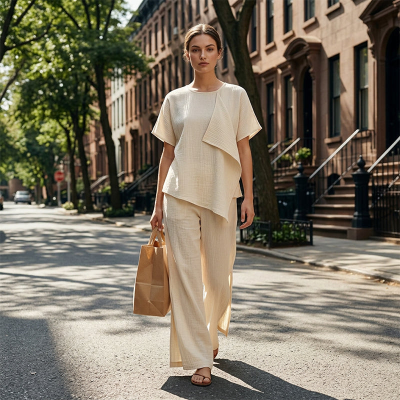 👗Ensemble composé d'un haut asymétrique et d'un pantalon large fendu pour femme – Une tenue coordonnée élégante qui ne passe pas inaperçue ✨