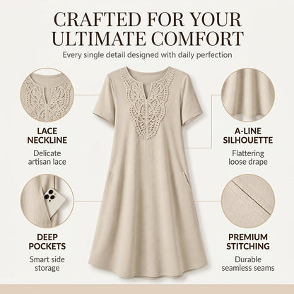 Robe-t-shirt à col en V en dentelle de style bohème pour femme