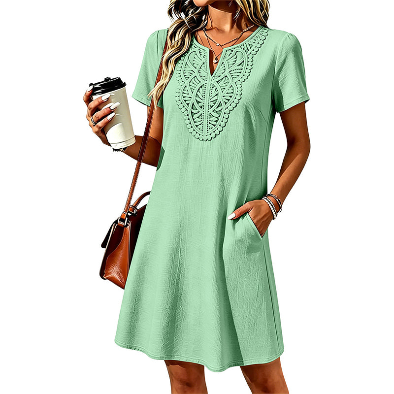 Robe-t-shirt à col en V en dentelle de style bohème pour femme