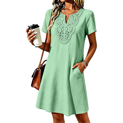 Robe-t-shirt à col en V en dentelle de style bohème pour femme
