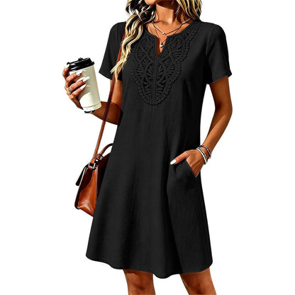 Robe-t-shirt à col en V en dentelle de style bohème pour femme