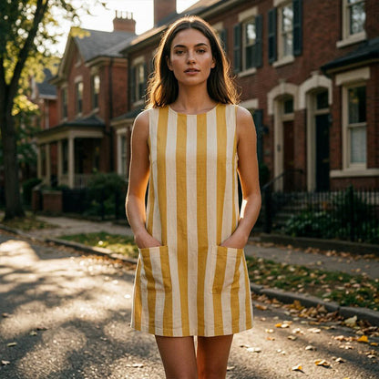 Robe sans manches à rayures et col rond pour femme, avec poches
