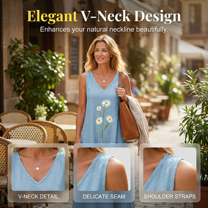🌼🔥 PROMO -50% ! Robe Été Femme Sans Manches Imprimé Marguerite Vintage – Col V Élégant Féminité, Coton-Lin Respirant Doux Confort Maximal, Polyvalente Plage Garden-Party Ville · 5 Coloris · S à 4XL ✨