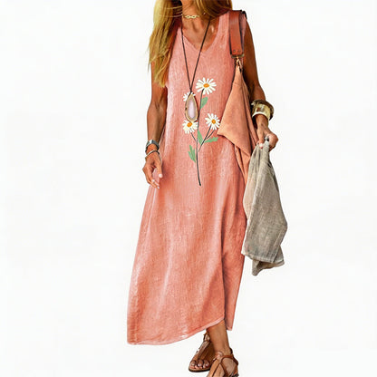 🌼🔥 PROMO -50% ! Robe Été Femme Sans Manches Imprimé Marguerite Vintage – Col V Élégant Féminité, Coton-Lin Respirant Doux Confort Maximal, Polyvalente Plage Garden-Party Ville · 5 Coloris · S à 4XL ✨