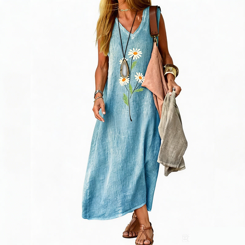 🌼🔥 PROMO -50% ! Robe Été Femme Sans Manches Imprimé Marguerite Vintage – Col V Élégant Féminité, Coton-Lin Respirant Doux Confort Maximal, Polyvalente Plage Garden-Party Ville · 5 Coloris · S à 4XL ✨