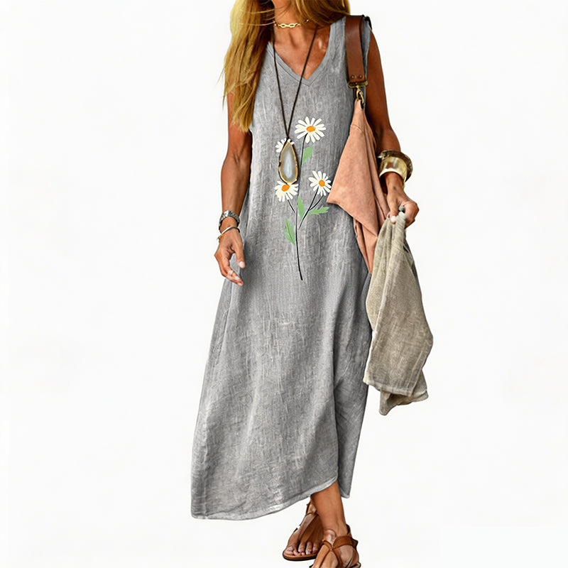 🌼🔥 PROMO -50% ! Robe Été Femme Sans Manches Imprimé Marguerite Vintage – Col V Élégant Féminité, Coton-Lin Respirant Doux Confort Maximal, Polyvalente Plage Garden-Party Ville · 5 Coloris · S à 4XL ✨