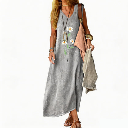 🌼🔥 PROMO -50% ! Robe Été Femme Sans Manches Imprimé Marguerite Vintage – Col V Élégant Féminité, Coton-Lin Respirant Doux Confort Maximal, Polyvalente Plage Garden-Party Ville · 5 Coloris · S à 4XL ✨