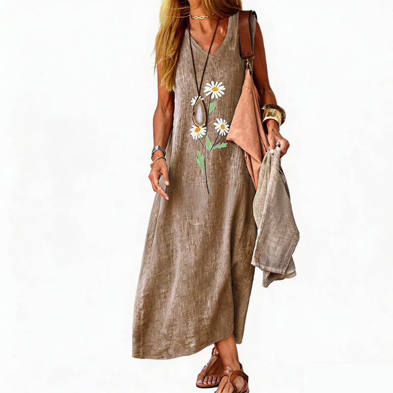 🌼🔥 PROMO -50% ! Robe Été Femme Sans Manches Imprimé Marguerite Vintage – Col V Élégant Féminité, Coton-Lin Respirant Doux Confort Maximal, Polyvalente Plage Garden-Party Ville · 5 Coloris · S à 4XL ✨
