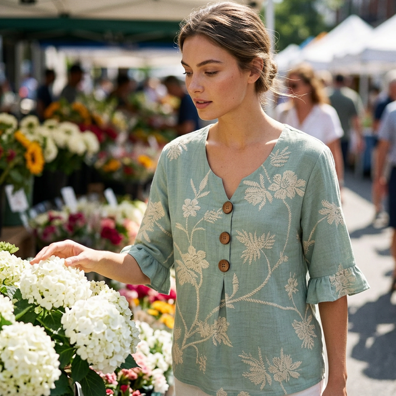 Haut d'été à fleurs pour femme avec manches à volants