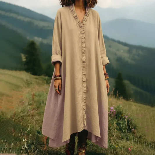 👗 🌸Robe maxi ample à col en V et volants – coupe fluide, volants romantiques et polyvalente – parfaite pour les journées chaudes, la plage et les occasions spéciales.