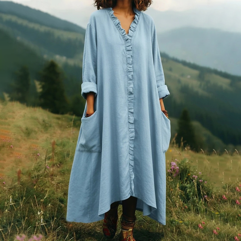 👗 🌸Robe maxi ample à col en V et volants – coupe fluide, volants romantiques et polyvalente – parfaite pour les journées chaudes, la plage et les occasions spéciales.