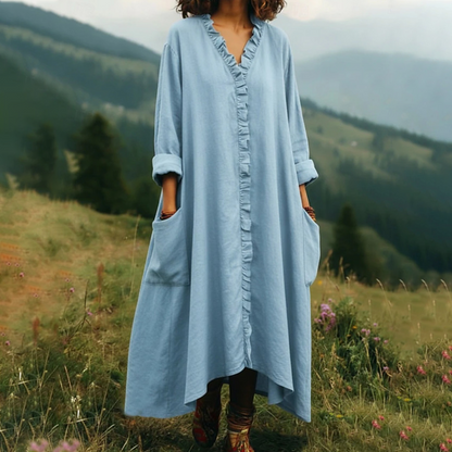 👗 🌸Robe maxi ample à col en V et volants – coupe fluide, volants romantiques et polyvalente – parfaite pour les journées chaudes, la plage et les occasions spéciales.