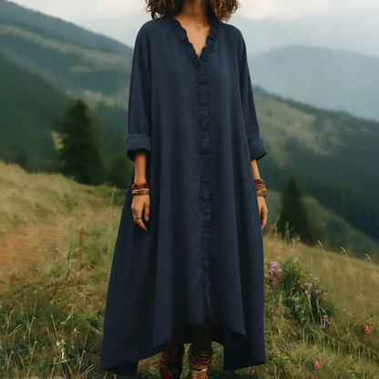 👗 🌸Robe maxi ample à col en V et volants – coupe fluide, volants romantiques et polyvalente – parfaite pour les journées chaudes, la plage et les occasions spéciales.