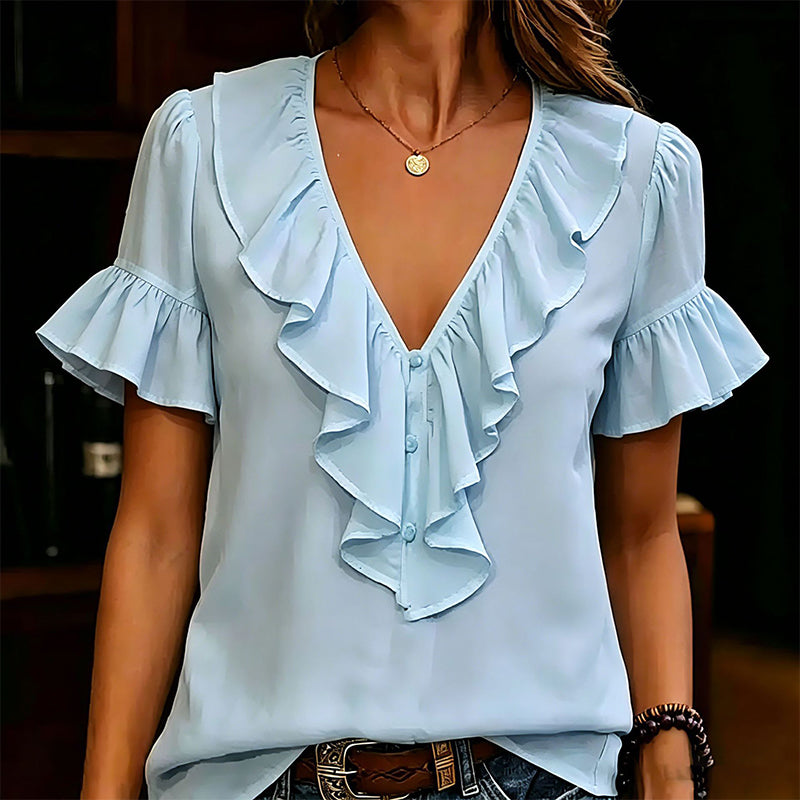 Chemisier élégant à volants, col en V et manches courtes pour femme – T-shirt d'été décontracté