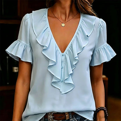 Chemisier élégant à volants, col en V et manches courtes pour femme – T-shirt d'été décontracté
