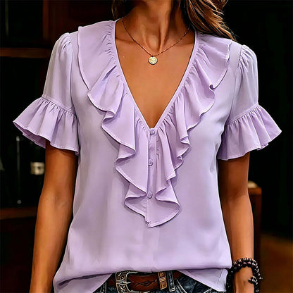 Chemisier élégant à volants, col en V et manches courtes pour femme – T-shirt d'été décontracté